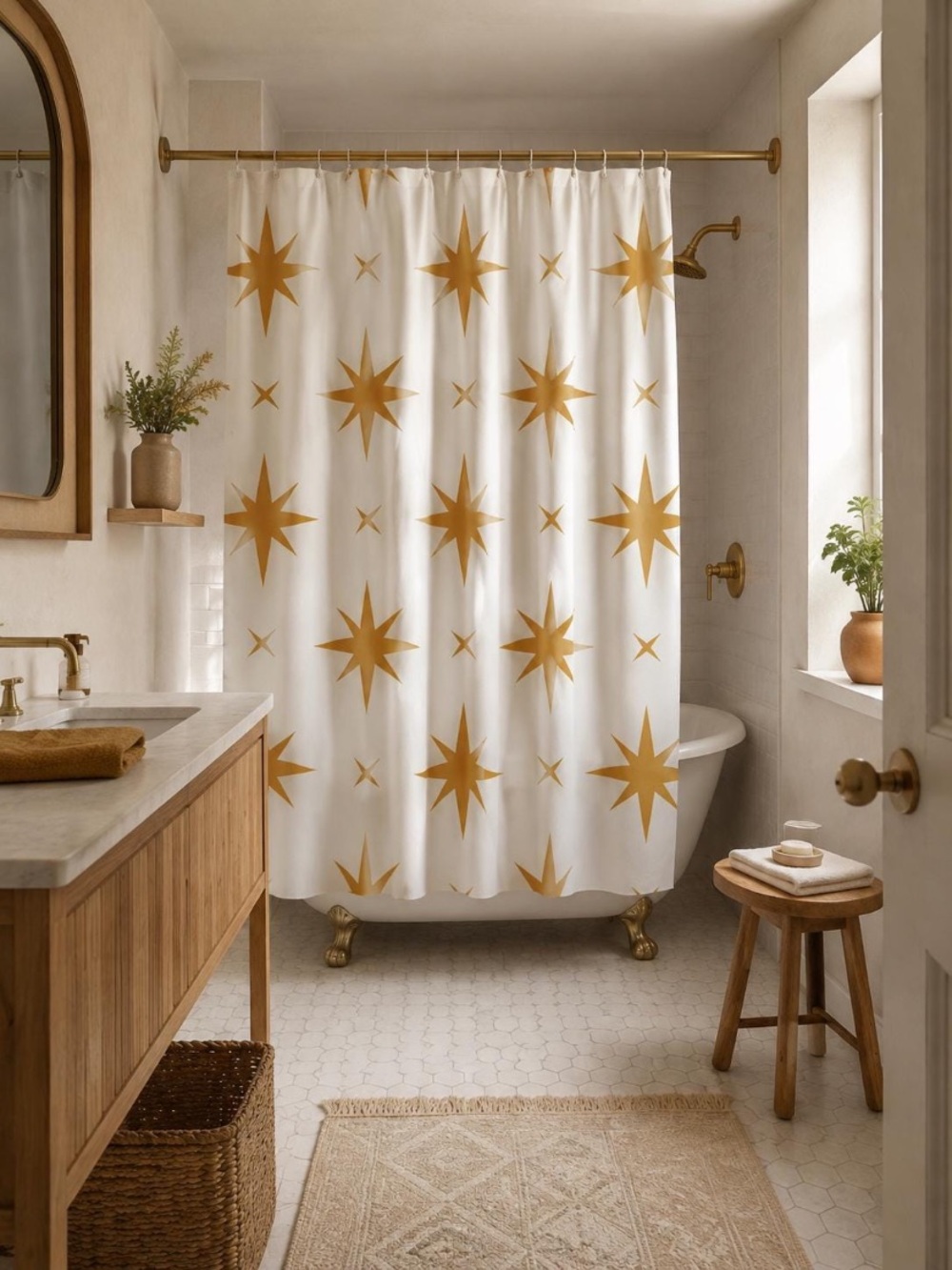 Mid-century Modern Gold Star Shower Curtain by Akesem